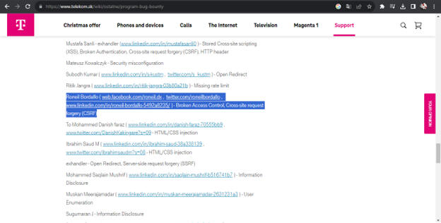 TELEKOM.SK SECURITY RESEARCHER HALL OF FAME https://www.telekom.sk/wiki/ostatne/program-bug-bounty