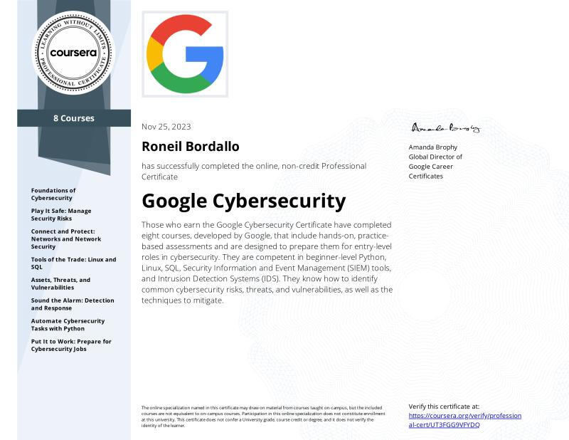 GOOGLE CYBERSECURITY PROFESSIONAL CERTIFICATE