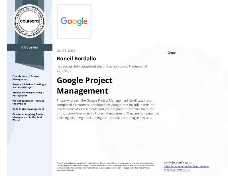 GOOGLE PROJECT MANAGEMENT PROFESSIONAL CERTIFICATE