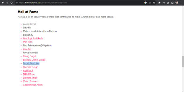CRUNCH.CO.UK SECURITY RESEARCHER HALL OF FAME https://help.crunch.co.uk/s/article/Responsible-Disclosure