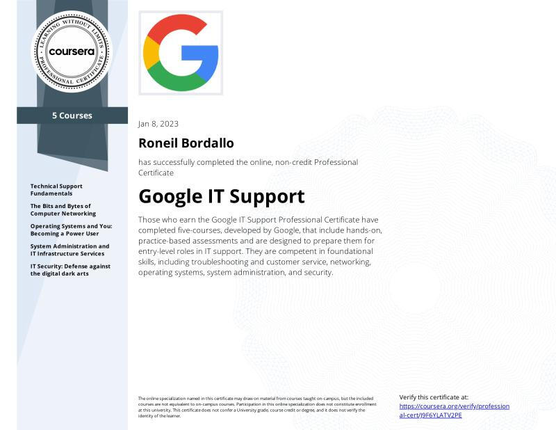 GOOGLE IT SUPPORT PROFESSIONAL CERTIFICATE