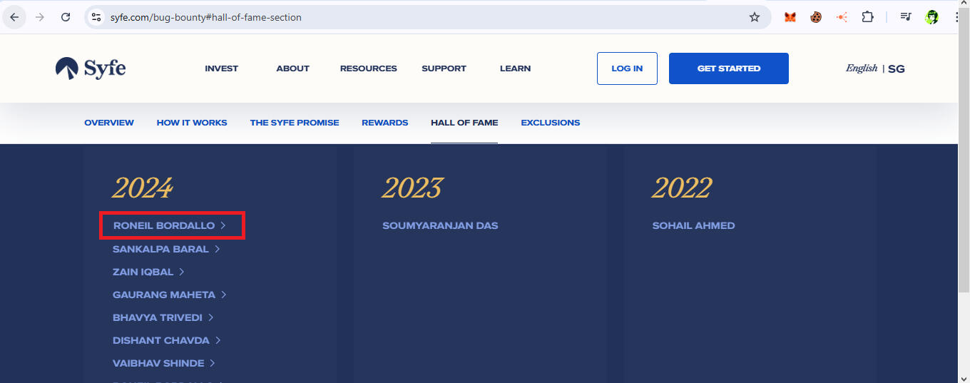 SYFE SECURITY RESEARCHER HALL OF FAME https://www.syfe.com/bug-bounty#hall-of-fame-section
