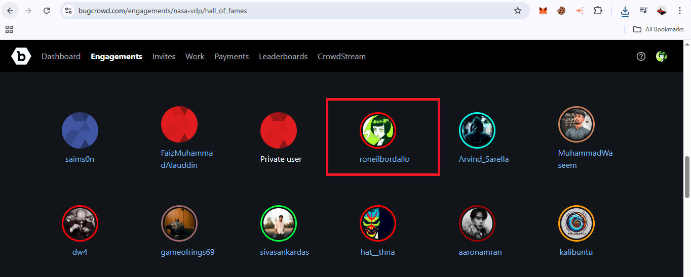 Security Researcher Hall of Fame: National Aeronautics and Space Administration (NASA) - Vulnerability Disclosure Program (VDP) @Bugcrowd https://bugcrowd.com/engagements/nasa-vdp/halloffames