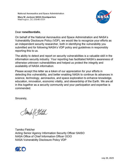 Letter of Appreciation from National Aeronautics and Space Administration (NASA)