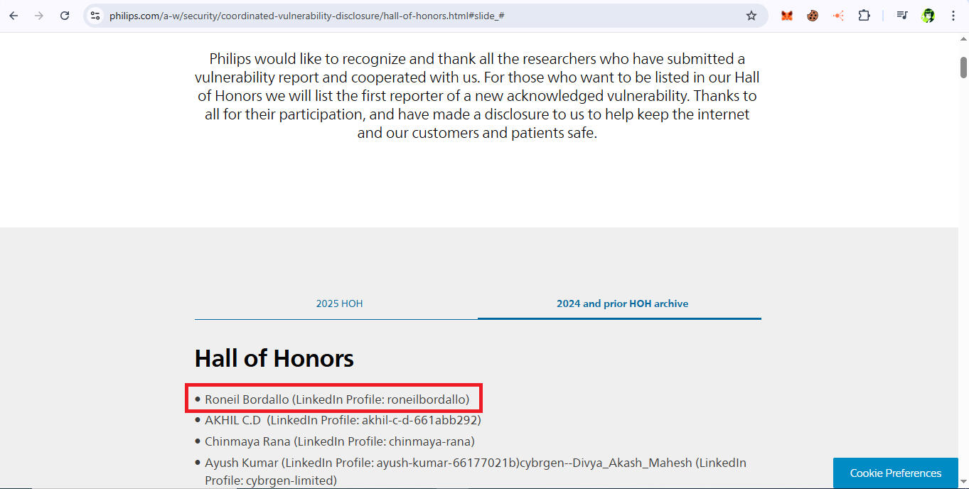 PHILIPS SECURITY RESEARCHER HALL OF HONORS https://www.philips.com/a-w/security/coordinated-vulnerability-disclosure/hall-of-honors.html#slide_#