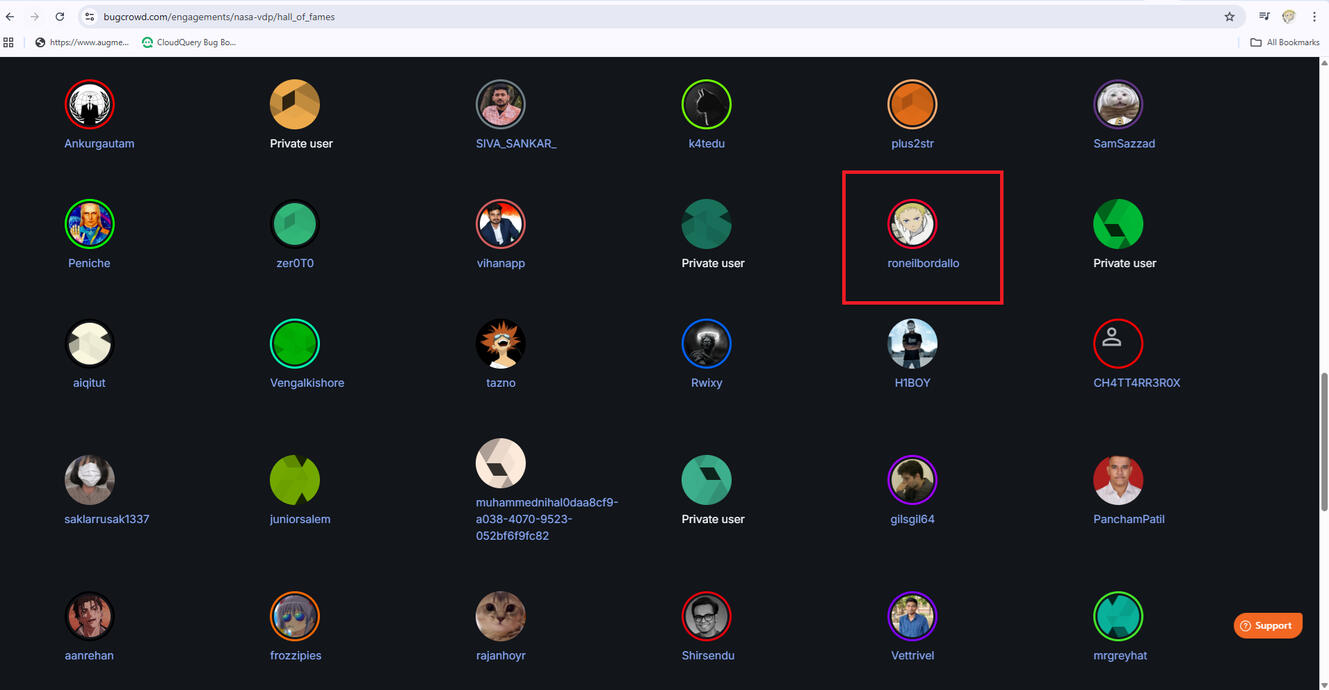 Security Researcher Hall of Fame: National Aeronautics and Space Administration (NASA) - Vulnerability Disclosure Program (VDP) @ Bugcrowd https://bugcrowd.com/engagements/nasa-vdp/halloffames