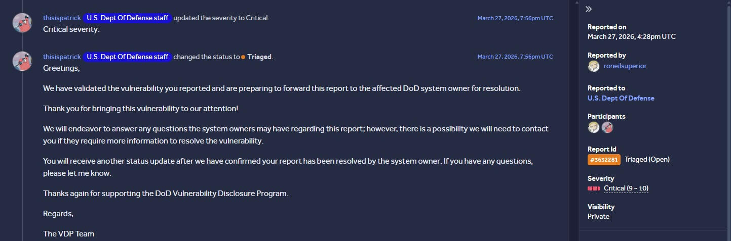 Critical vulnerability in the U.S. Department of Defense on HackerOne